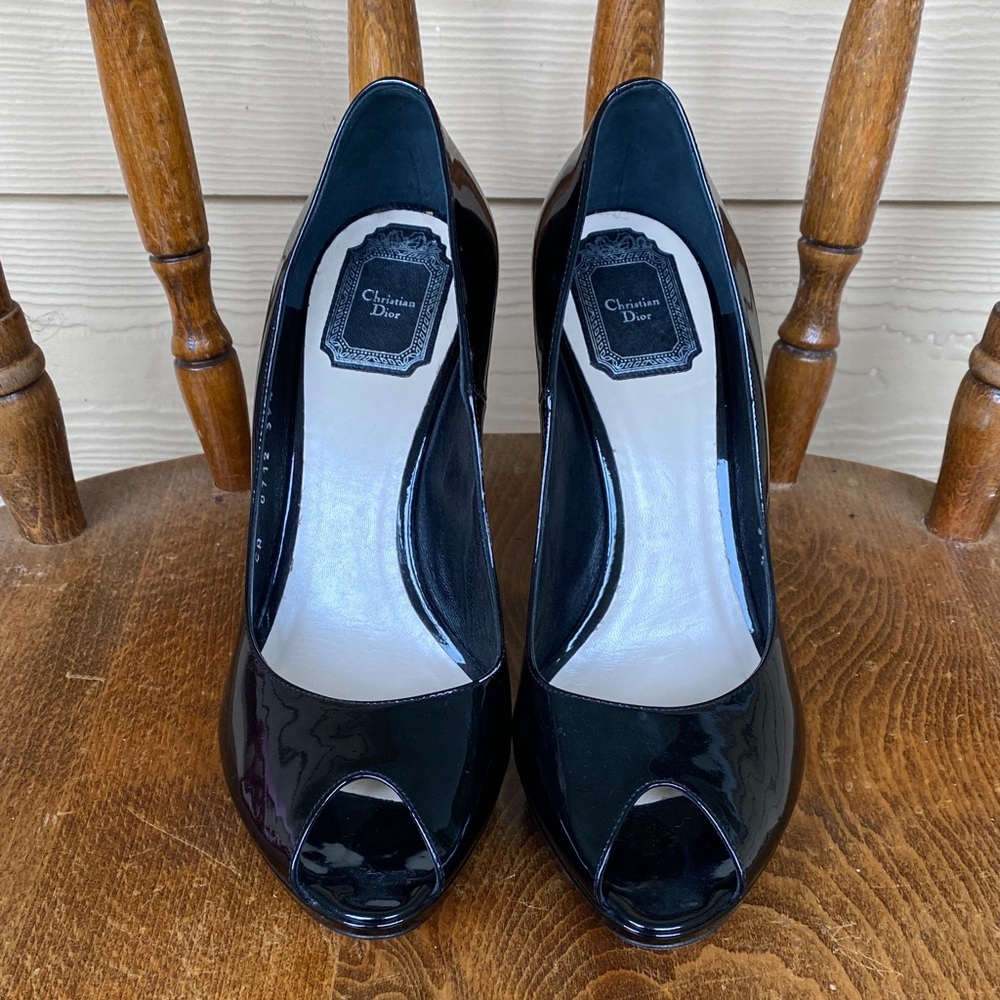 💛 Authentic Dior Black Patent Peep-Toe Heels | Classic Designer Stiletto
